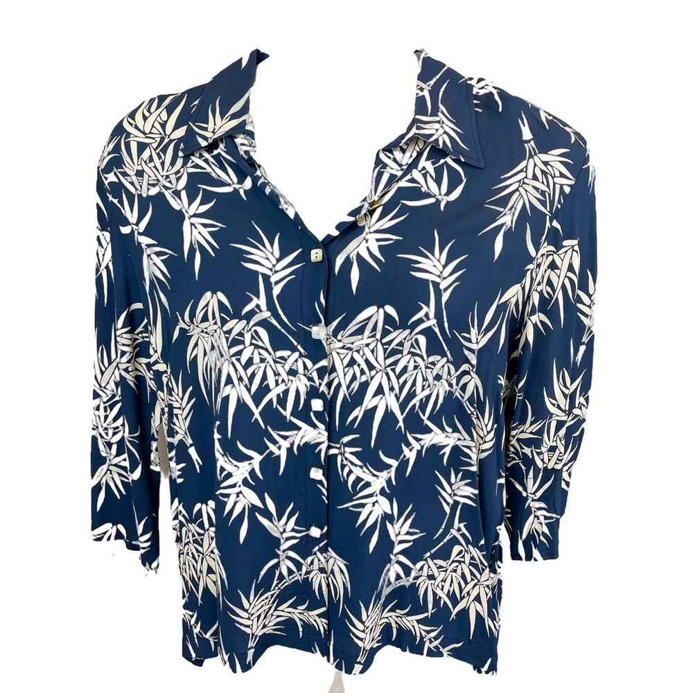 Pink Wheels Vintage Style Blue Bamboo Print Button-Up Blouse, Women's XL